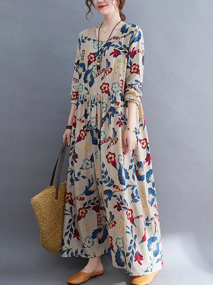 Casual Ramie Cotton Floral Printed Round-Neck Long Sleeves Over Size Maxi Dress