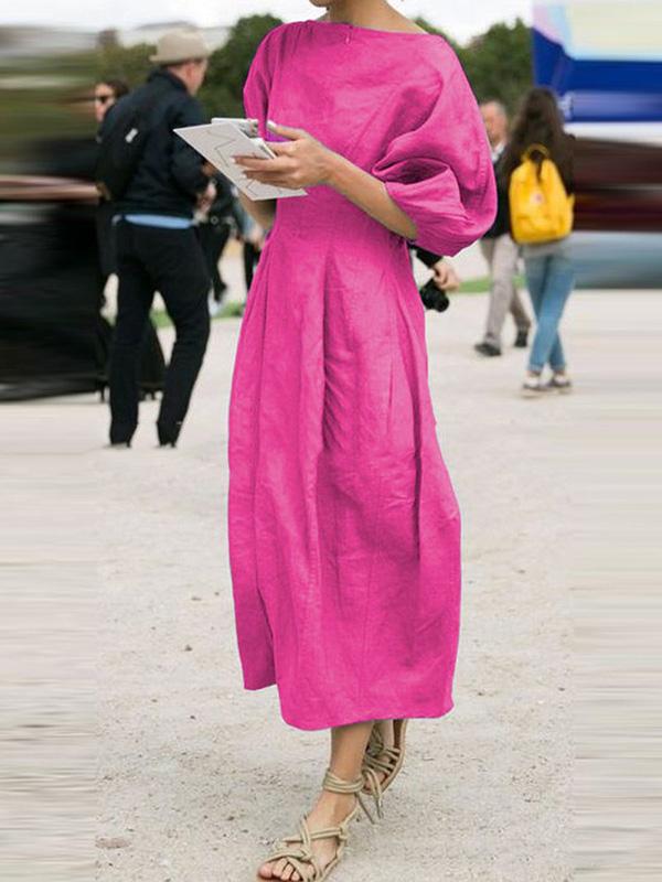 Ramie Cotton Lantern Sleeve Maxi Dress