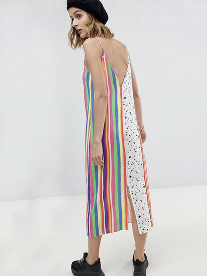 Striped Lace Spaghetti-neck Midi Dress