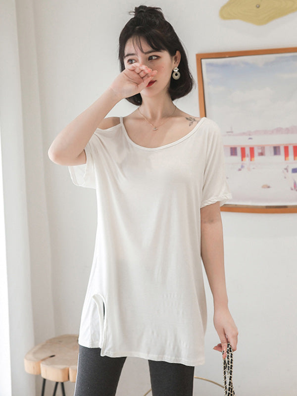 Casual Solid Color Asymmetric Cold Shoulder Spaghetti-Neck T-Shirt