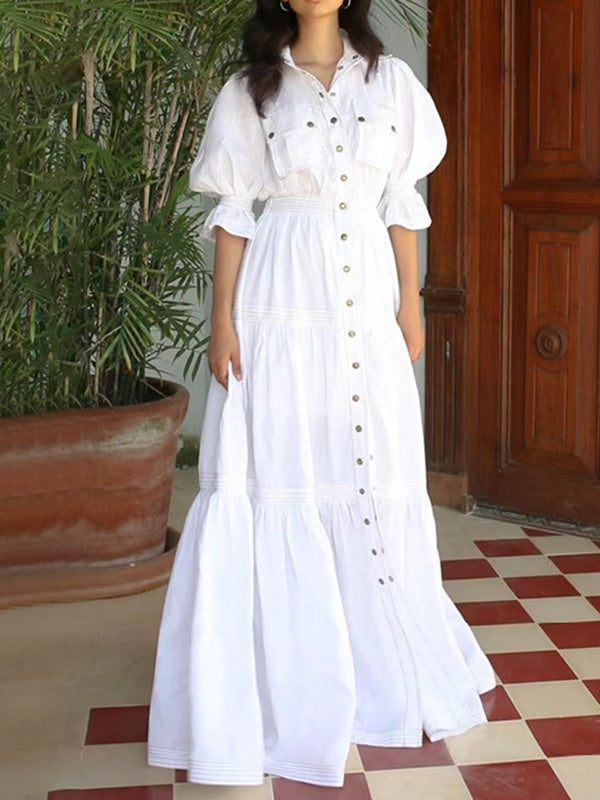 Original Lapel Split-Joint Buttoned Bishop Sleeve Maxi Dress