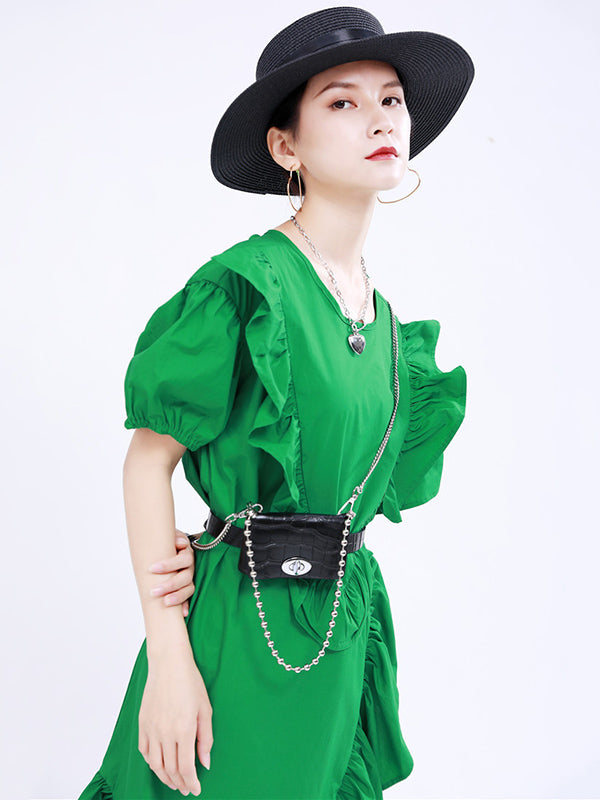 Original Irregular Solid Color Split-Joint Falbala Round-Neck Short Sleeves Midi Dress
