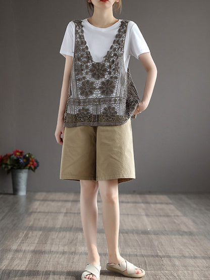 Stylish Solid Color Embroidered V-Neck Vest Tops