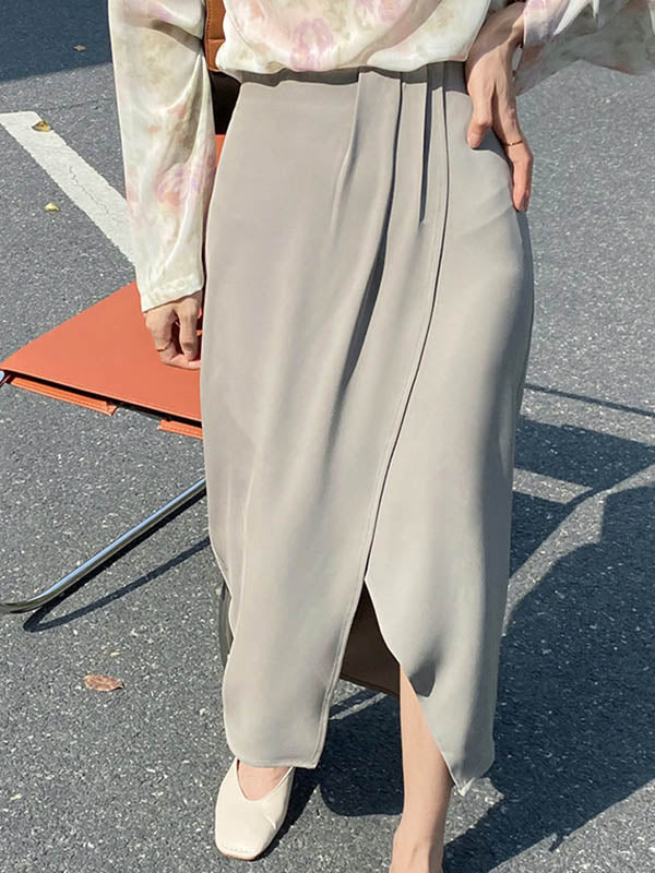 Stylish Solid Color Asymmetric Split-Front Elastics A-Line Skirts