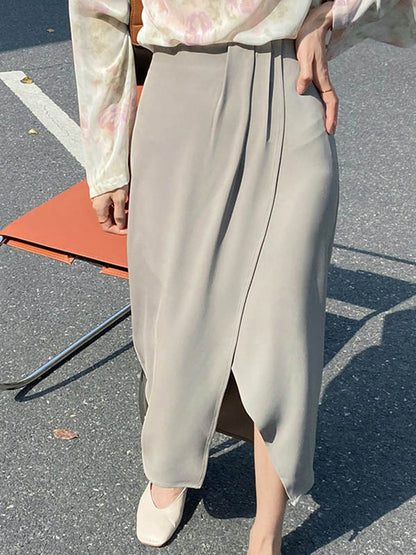 Stylish Solid Color Asymmetric Split-Front Elastics A-Line Skirts