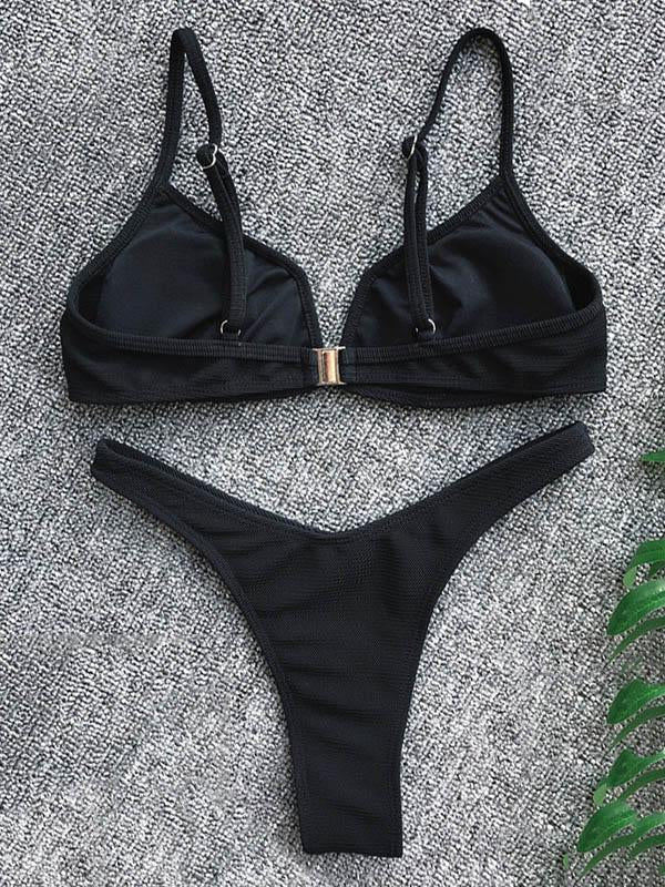 V-Neck Solid Color Split Bikini Swimsuit