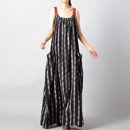 Buykud Retro Stripe Plaid Lacing Loose Black Slip Dress