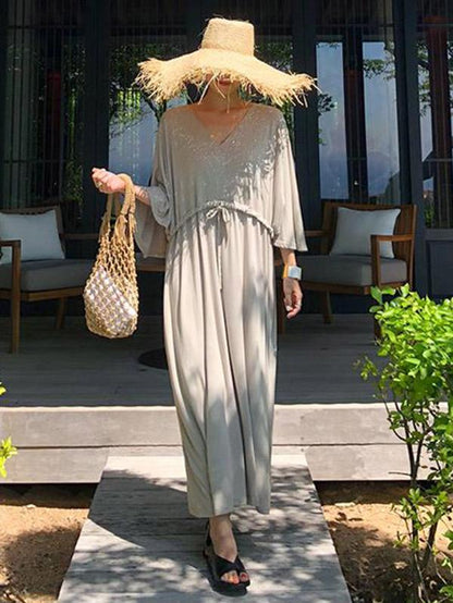 Loose Gray V-neck Elastic Waist Long Dress