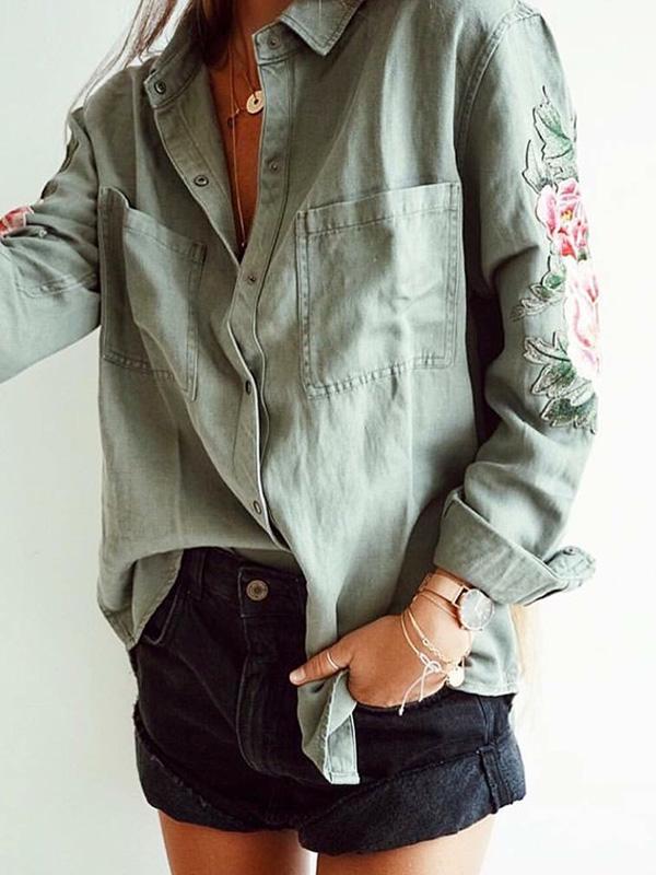 Long Sleeve Army Green Blouses&Shirts Top