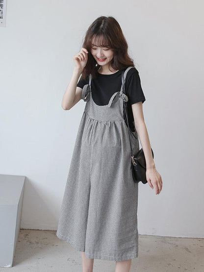 Maternity Plaid Wide Leg Spaghetti-neck Jumpsuits