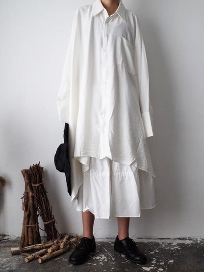 Urban Loose White Lapel Long Blouse