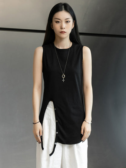 Simple Black&White Split-Side Sleeveless Round-Neck Vest