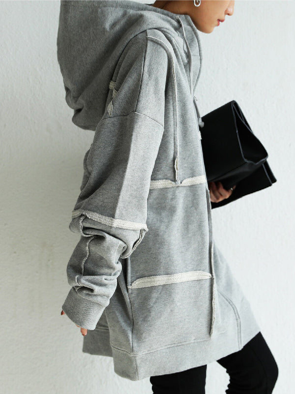 Stylish Loose Split-Joint Asymmetric Drawstring Hooded High-Neck Jacket Outerwear