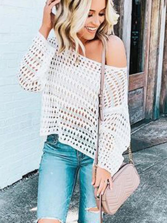 White Long Sleeve Hollow Blouses&Shirts Tops