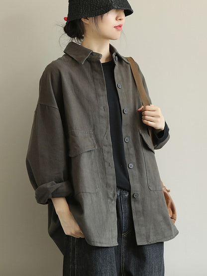 Simple Buttoned Solid Color Lapel Batwing Sleeve Outerwear