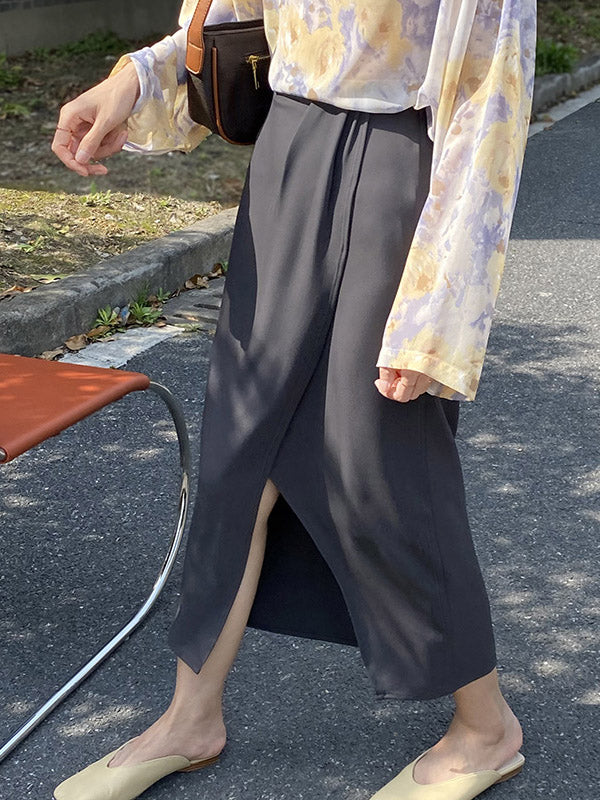 Stylish Solid Color Asymmetric Split-Front Elastics A-Line Skirts