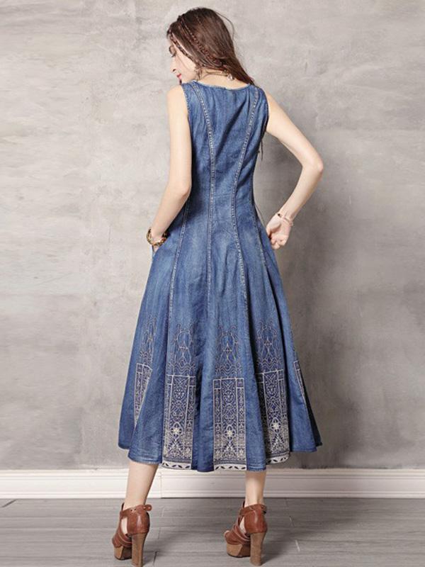 2019 Summer New Vintage Embroidery Denim Dress