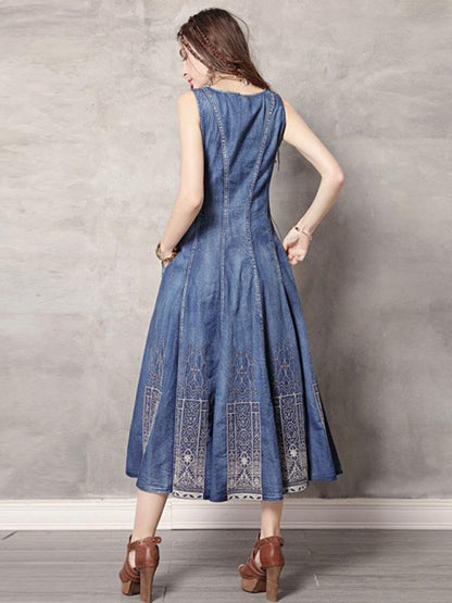 2019 Summer New Vintage Embroidery Denim Dress