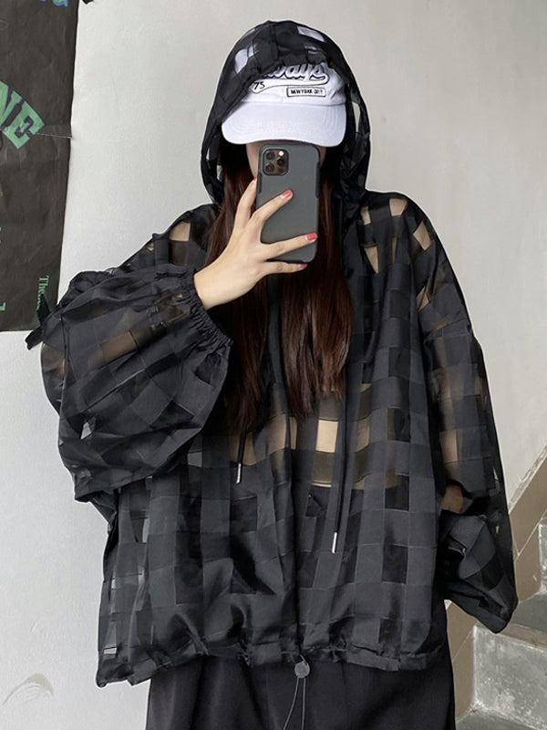 Stylish Solid Color Hollow Drawstring Buttoned Hooded Long Sleeves Sun-Protection Outwear