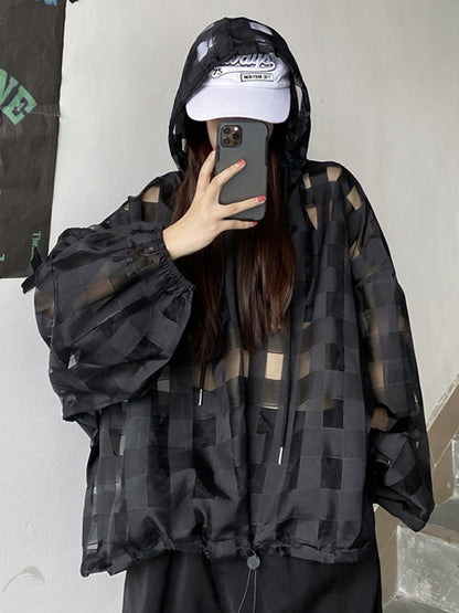 Stylish Solid Color Hollow Drawstring Buttoned Hooded Long Sleeves Sun-Protection Outwear