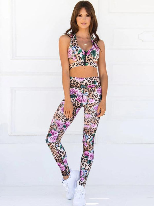 Zipper Leopard Floral Tank&Leggings Suits