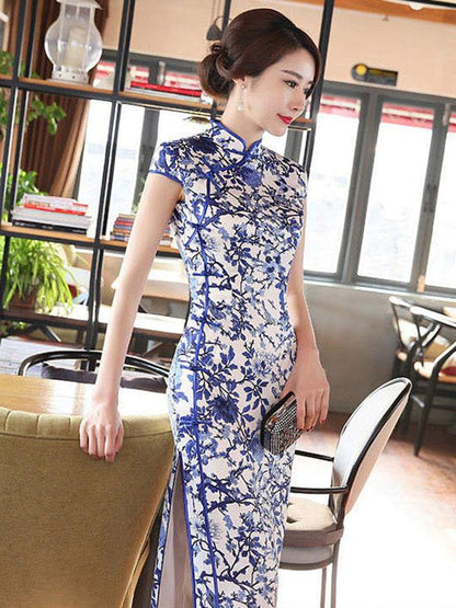 Blue and White Pattern Split-side Long Cheongsam