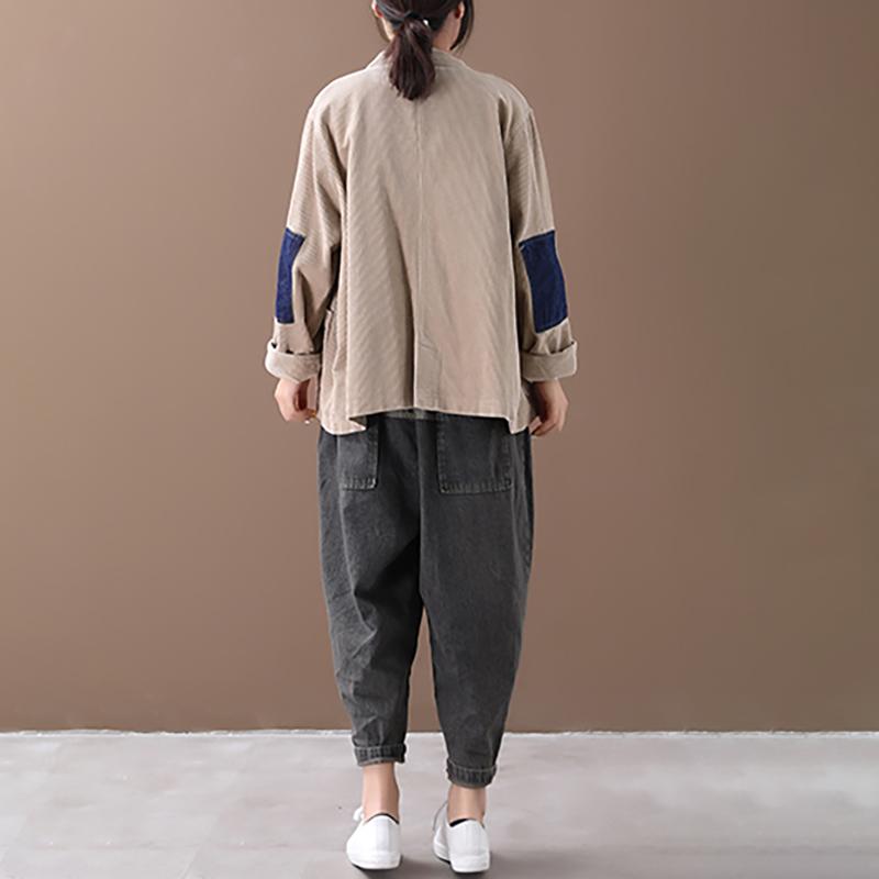 Buykud Patchwork Corduroy Single Breasted Autumn Coat