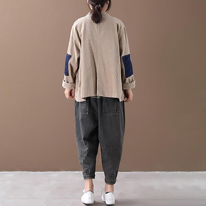 Buykud Patchwork Corduroy Single Breasted Autumn Coat