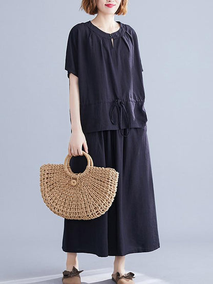 Loose Solid Tops + Wide Leg Pants Suit