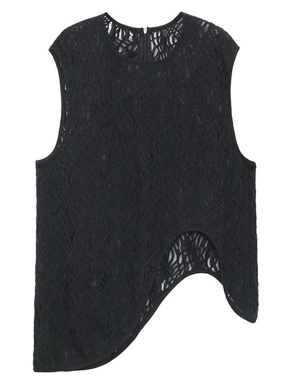 Stylish Asymmetric Hollow Split-Joint See-Through Round-Neck Vest