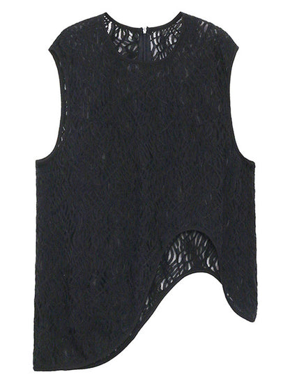 Stylish Asymmetric Hollow Split-Joint See-Through Round-Neck Vest