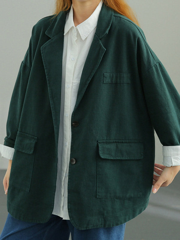 Simple Solid Color Buttoned Notched Collar Batwing Sleeve Outerwear