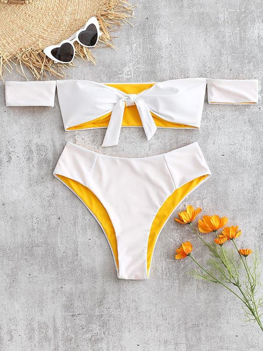 Strapless Knotted Short Sleeves Split Type Bikini Swimsuit