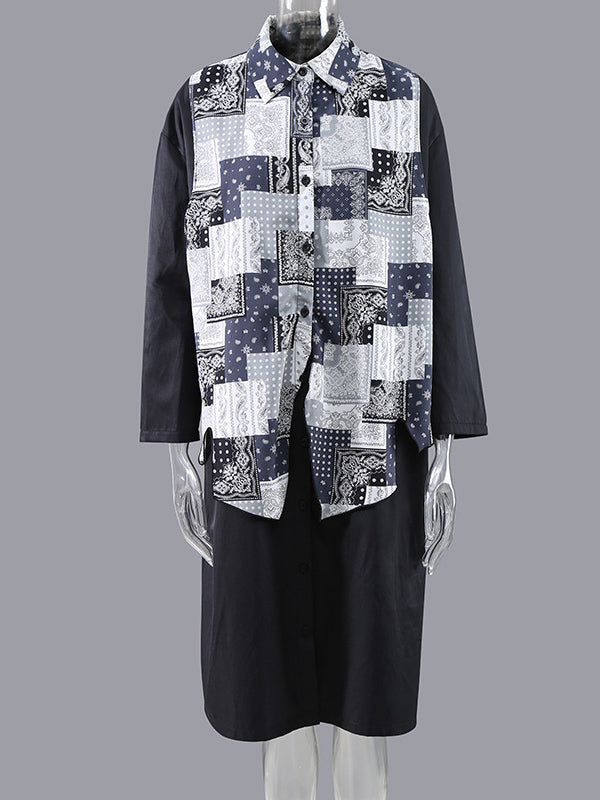 Original Printed Split-Joint Buttoned Lapel Collar Long Sleeves False Two Midi Dress