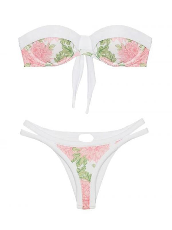 Floral-Print Split-Joint Bandeau Split Bikini Swimsuit