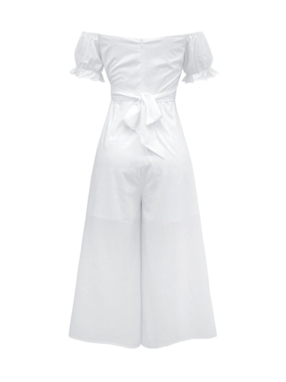 13 Colors Puff Sleeves Solid Color Cold Shoulder Wide Leg Jumpsuits