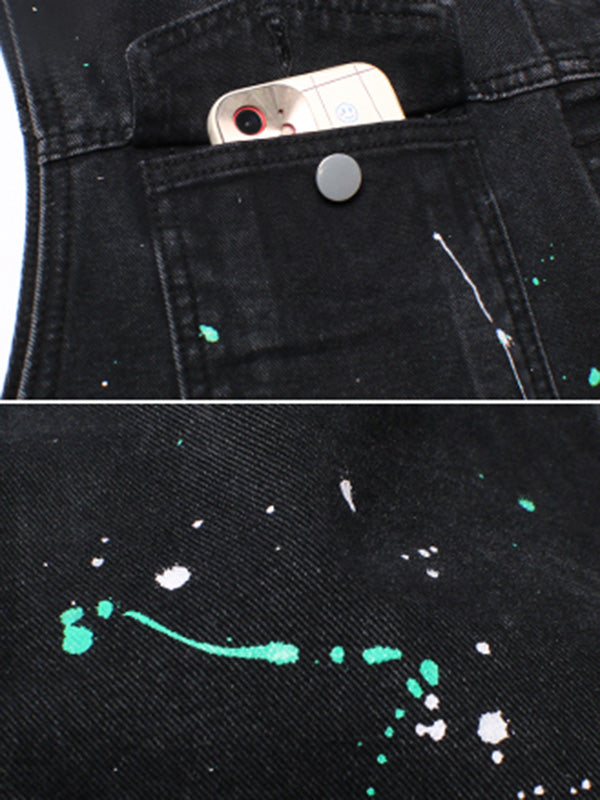 Original Denim Split-Joint With Pocket Splash Ink Buttoned Lapel Collar Sleeveless Vest Outwear