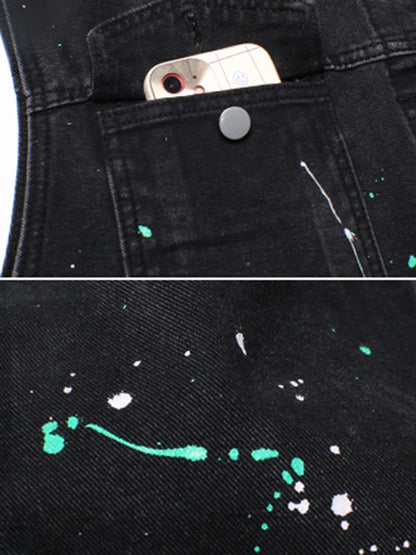 Original Denim Split-Joint With Pocket Splash Ink Buttoned Lapel Collar Sleeveless Vest Outwear