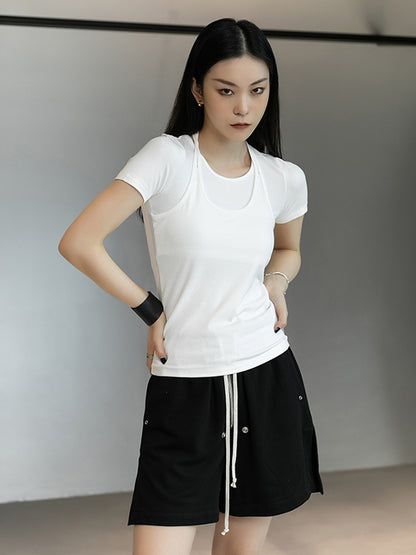 Stylish Halterneck Solid Color False Two Short Sleeves T-Shirt