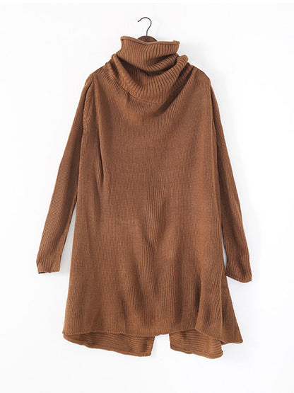 Casual Solid Color High-Neck Long Sleeves Knitted Sweater Midi Dress