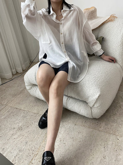 Casual See-Through Sun Protection Lapel Long Sleeves Blouses