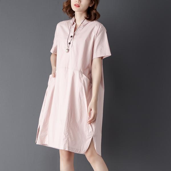 Casual Polo Collar Short Sleeve Knee Length Blue Dress