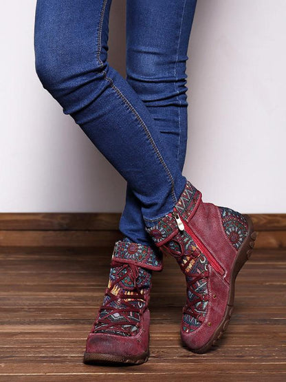 Printed Zipper Bandage Leather Boots