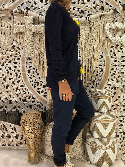 Printed V-neck Long Sleeve T-Shirt