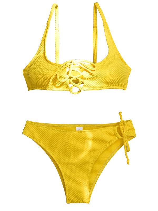Lattice Textured Yellow Bikini Set