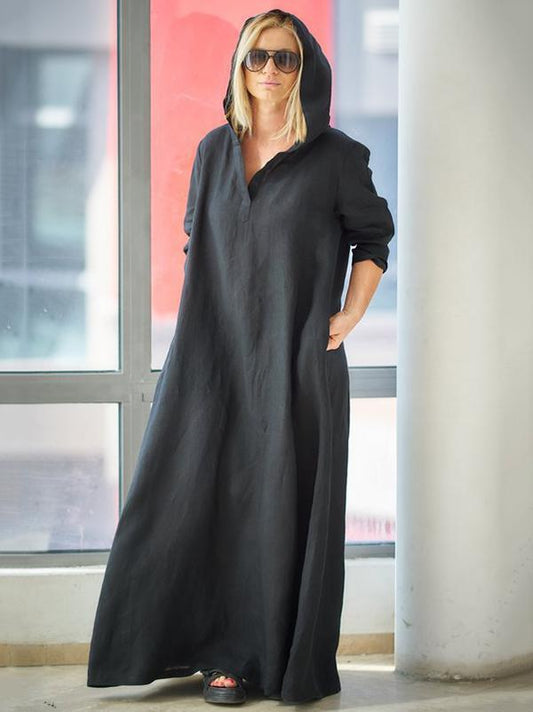 Loose Black Ramie Cotton With Hat Linen Dress
