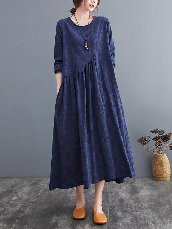 Casual Simple Solid Color Pleated Round-Neck Long Sleeves Midi Dress