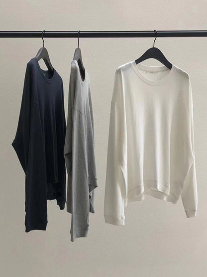 Long Sleeves Loose Solid Color Round-Neck T-Shirts Tops