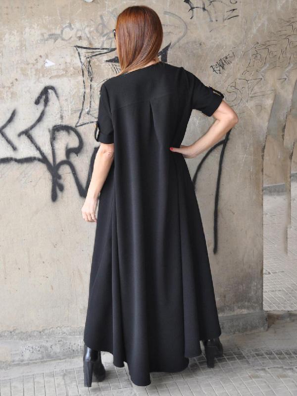 Black Round-neck High-low Short-sleeves Long Dress