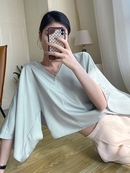 Chic Simple Solid Color Split-Joint V-Neck Batwing Sleeves T-Shirt